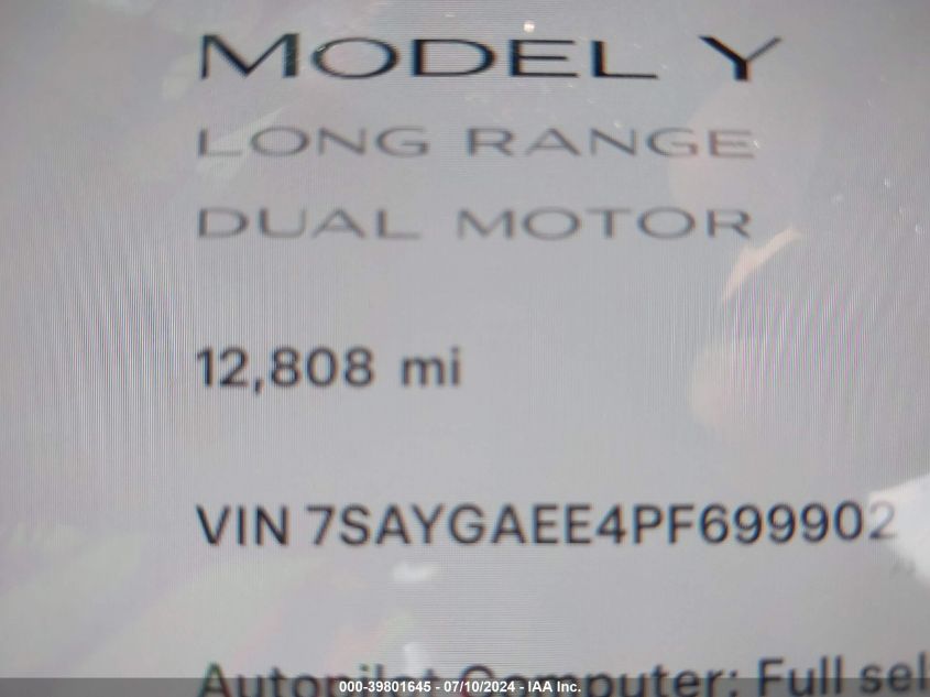 2023 Tesla Model Y Awd/Long Range Dual Motor All-Wheel Drive VIN: 7SAYGAEE4PF699902 Lot: 39801645