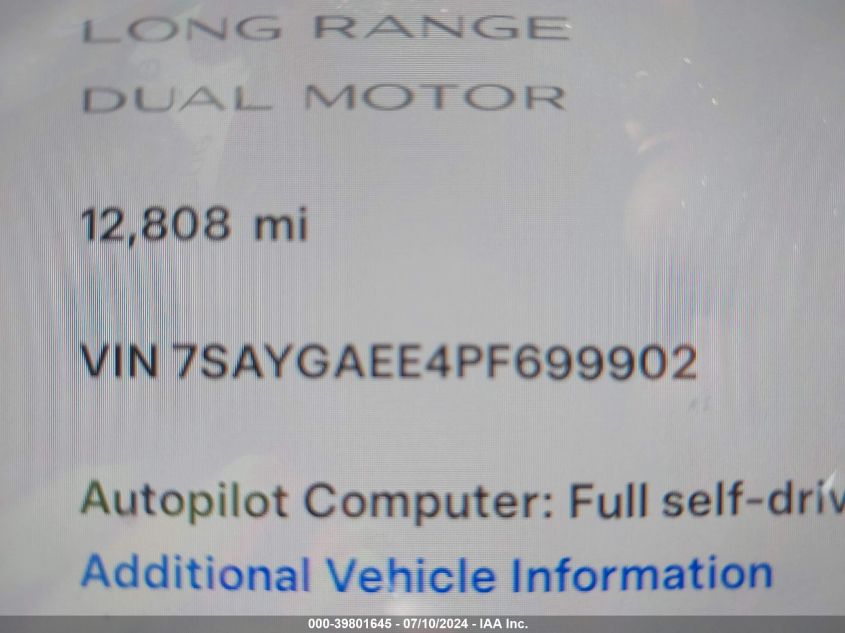 2023 Tesla Model Y Awd/Long Range Dual Motor All-Wheel Drive VIN: 7SAYGAEE4PF699902 Lot: 39801645