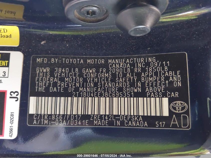 2011 Toyota Corolla S VIN: 2T1BU4EE3BC695351 Lot: 39801646