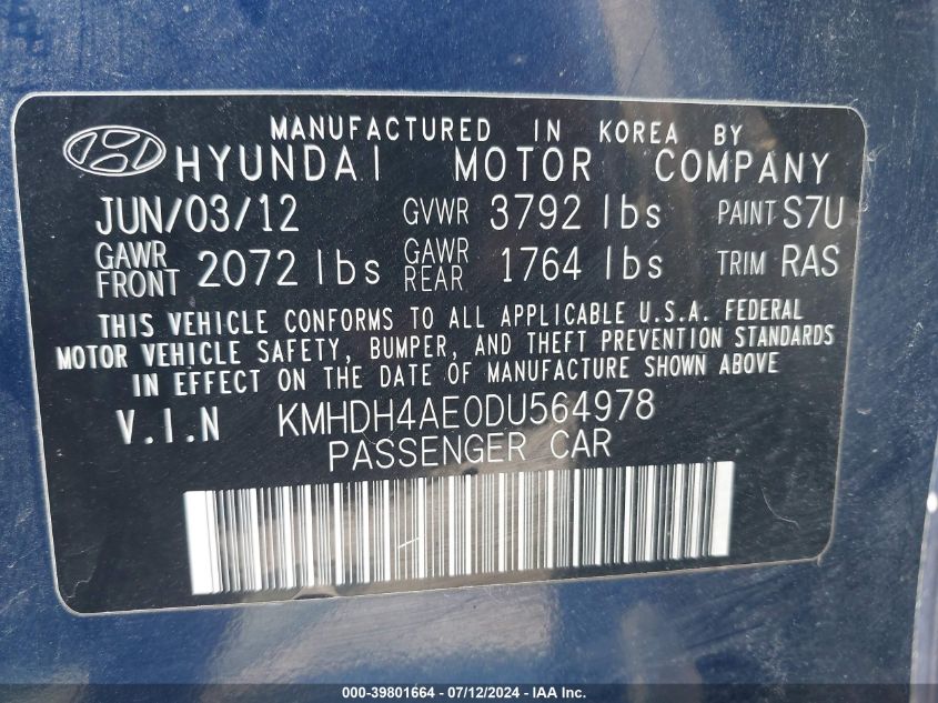 2013 Hyundai Elantra Gls VIN: KMHDH4AE0DU564978 Lot: 39801664