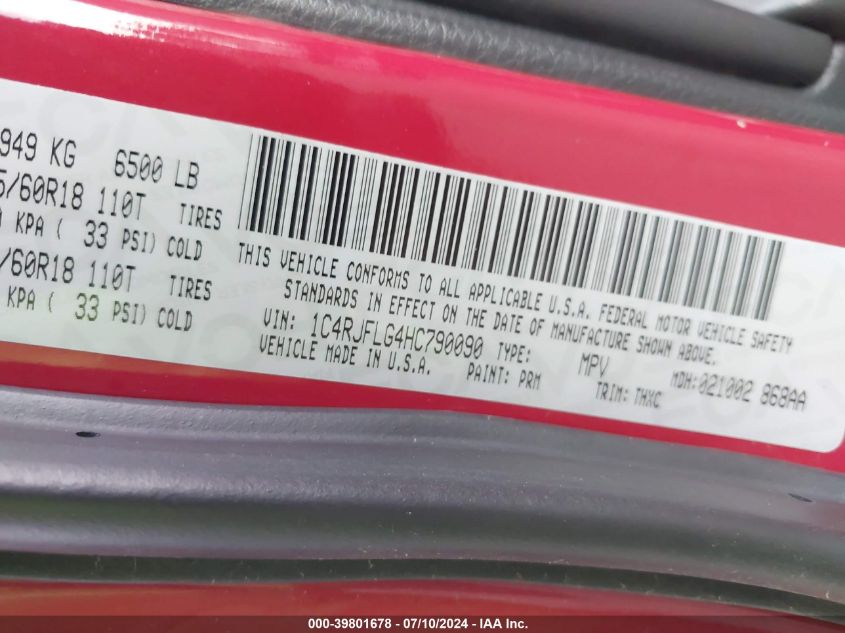 2017 Jeep Grand Cherokee Trailhawk 4X4 VIN: 1C4RJFLG4HC790090 Lot: 39801678