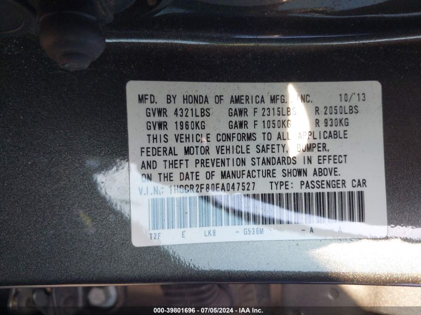 1HGCR2F80EA047527 2014 Honda Accord Ex-L