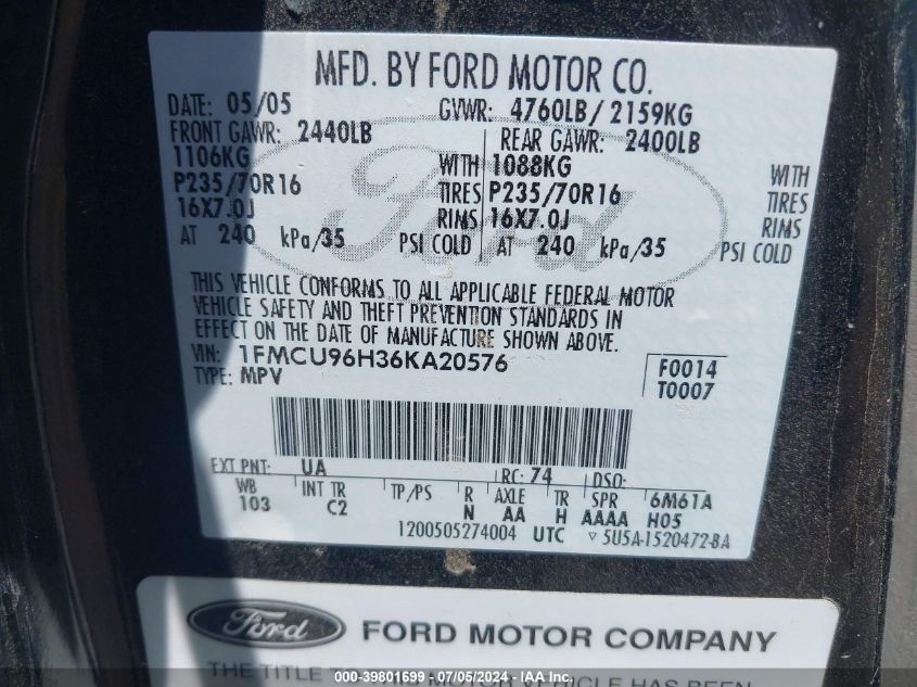 2006 Ford Escape Hybrid VIN: 1FMCU96H36KA20576 Lot: 39801699