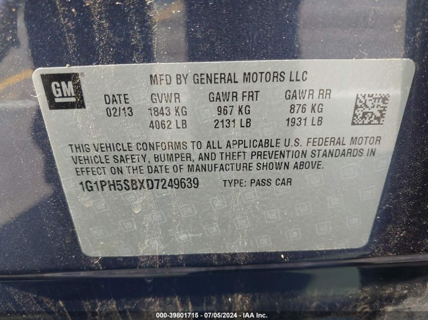 2013 Chevrolet Cruze Eco Auto VIN: 1G1PH5SBXD7249639 Lot: 39801715