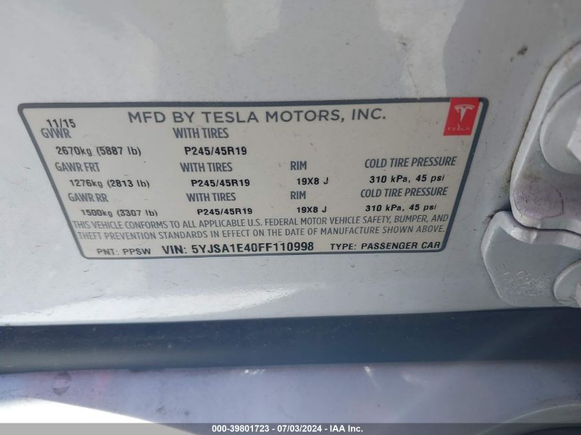 2015 Tesla Model S 85D/P85D VIN: 5YJSA1E40FF110998 Lot: 39801723