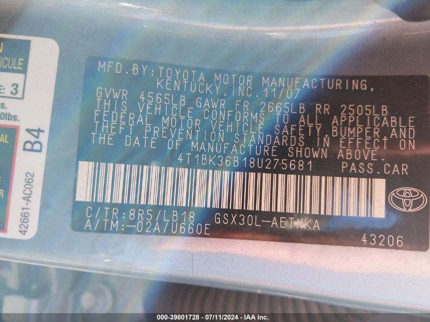 2008 Toyota Avalon Touring VIN: 4T1BK36B18U275681 Lot: 39801728