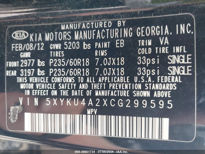 2012 Kia Sorento Ex VIN: 5XYKU4A2XCG299595 Lot: 39801734