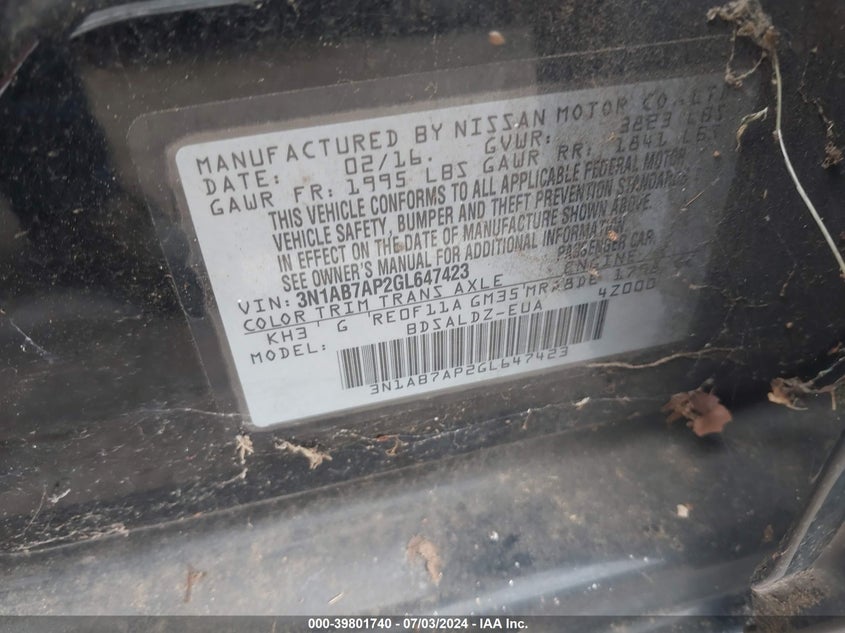 2016 Nissan Sentra Fe+ S/S/Sl/Sr/Sv VIN: 3N1AB7AP2GL647423 Lot: 39801740