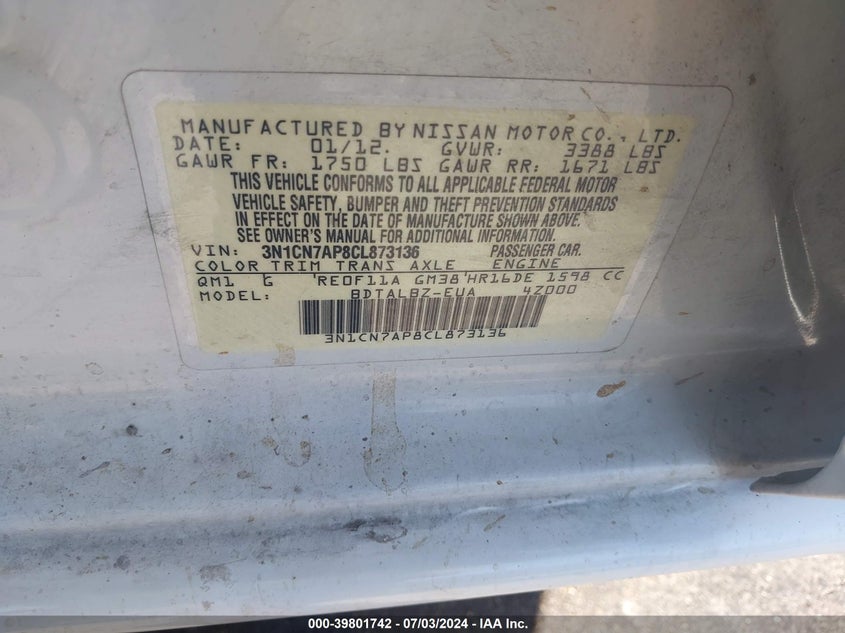 2012 Nissan Versa 1.6 Sv VIN: 3N1CN7AP8CL873136 Lot: 39801742