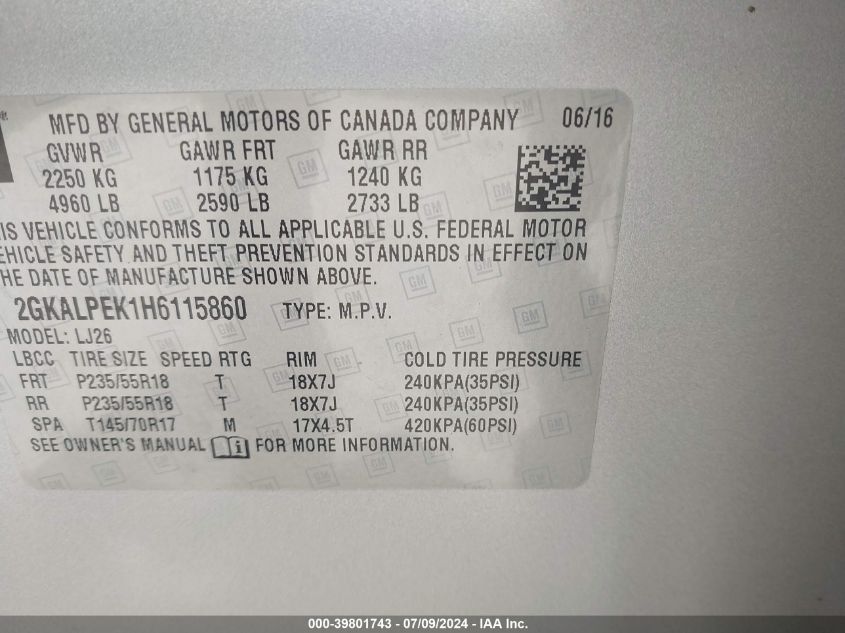 2017 GMC Terrain Slt VIN: 2GKALPEK1H6115860 Lot: 39801743