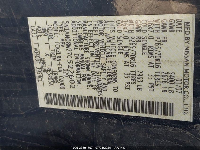 2007 Nissan Xterra S VIN: 5N1AN08W27C522602 Lot: 39801767