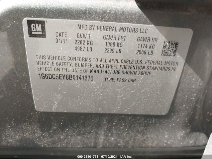 2011 Cadillac Cts Standard VIN: 1G6DC5EY8B0141375 Lot: 39801773