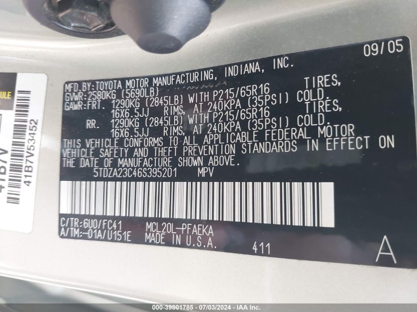 2006 Toyota Sienna Le VIN: 5TDZA23C46S395201 Lot: 39801785