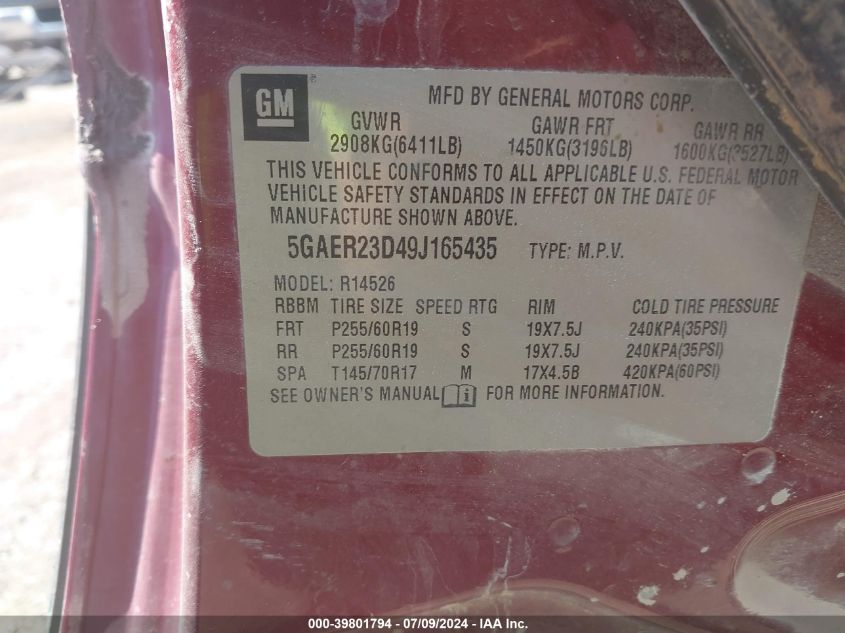 2009 Buick Enclave Cxl VIN: 5GAER23D49J165435 Lot: 39801794