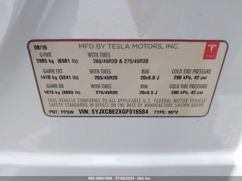 2016 Tesla Model X 60D/70D/75D/90D/P100D VIN: 5YJXCBE2XGF016584 Lot: 39801808