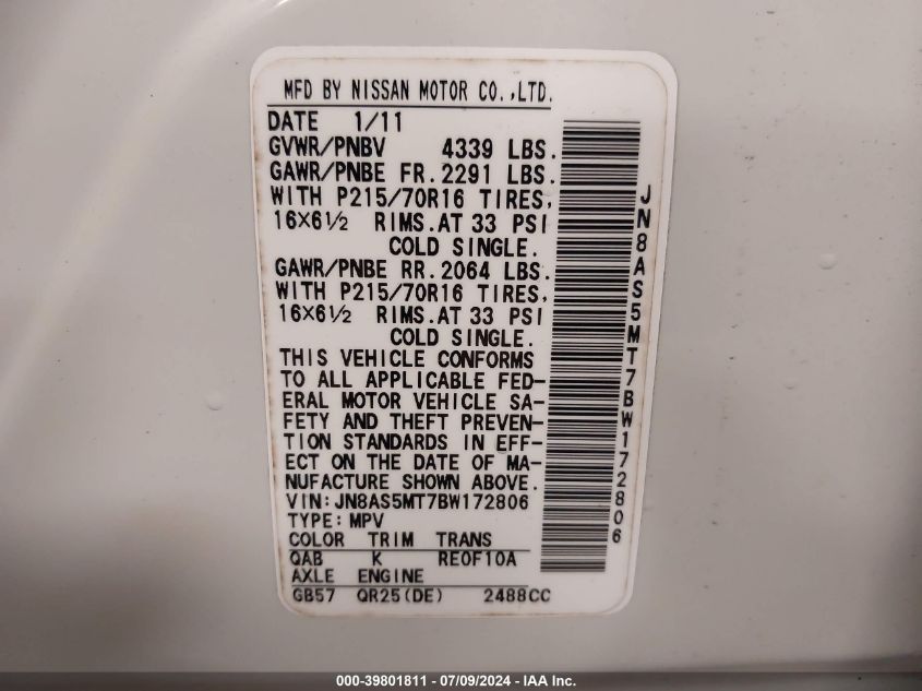 2011 Nissan Rogue S VIN: JN8AS5MT7BW172806 Lot: 39801811