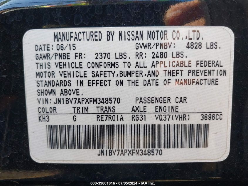 2015 Infiniti Q50 Premium/Sport VIN: JN1BV7APXFM348570 Lot: 39801816