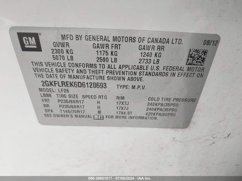 2013 GMC Terrain Sle-1 VIN: 2GKFLREK6D6120693 Lot: 39801817