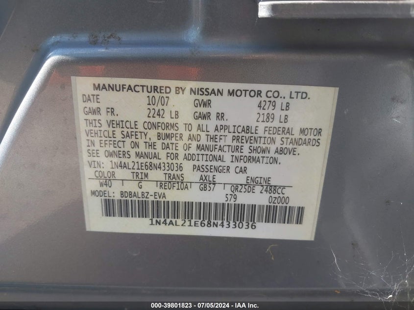 2008 Nissan Altima 2.5 S VIN: 1N4AL21E68N433036 Lot: 39801823