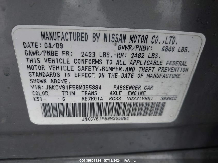 2009 Infiniti G37 X VIN: JNKCD61F59M355884 Lot: 39801824