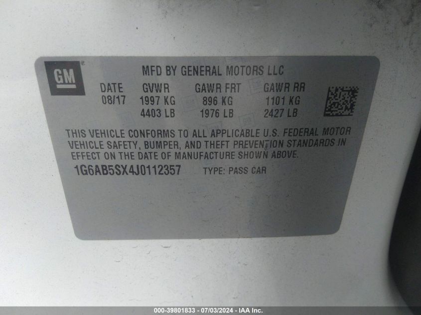 2018 Cadillac Ats Luxury VIN: 1G6AB5SX4J0112357 Lot: 39801833