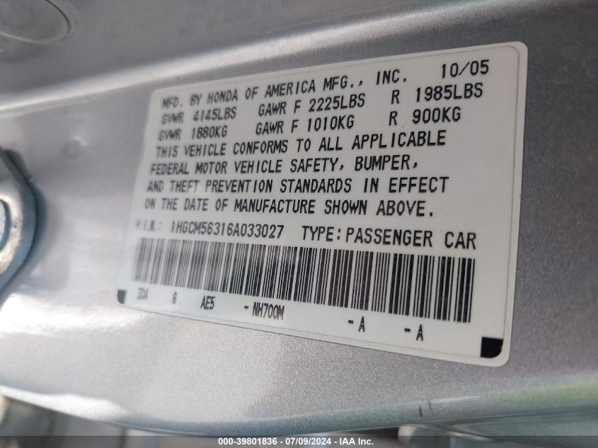 2006 Honda Accord 2.4 Se VIN: 1HGCM56316A033027 Lot: 39801836