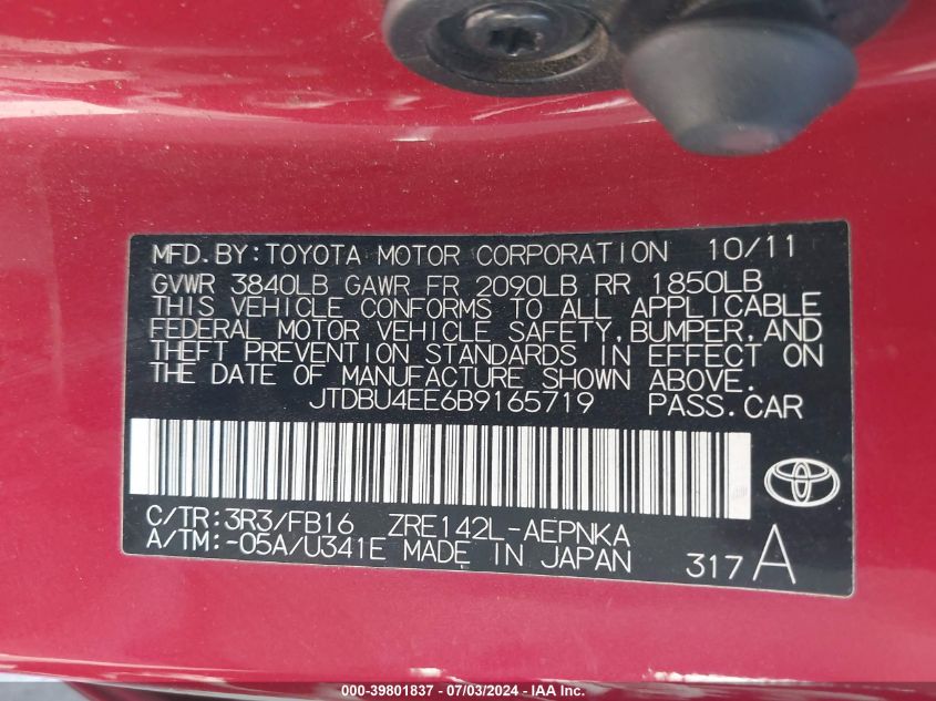 2011 Toyota Corolla Le VIN: JTDBU4EE6B9165719 Lot: 39801837