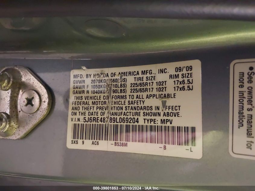 2009 Honda Cr-V Ex-L VIN: 5J6RE48789L069204 Lot: 39801853