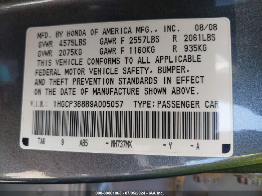 2009 Honda Accord 3.5 Ex-L VIN: 1HGCP36889A005057 Lot: 39801863