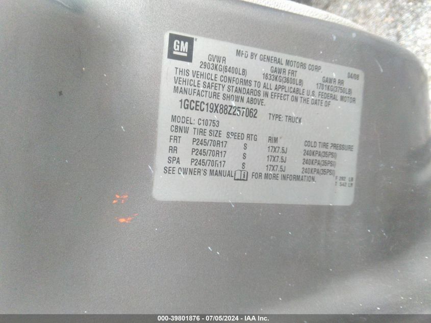 2008 Chevrolet Silverado 1500 Work Truck VIN: 1GCEC19X88Z257062 Lot: 39801876