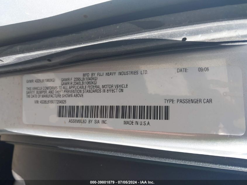 2007 Subaru Legacy 2.5I VIN: 4S3BL616X77204926 Lot: 39801879