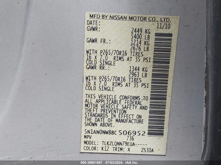 2011 Nissan Xterra X VIN: 5N1AN0NW8BC506952 Lot: 39801897