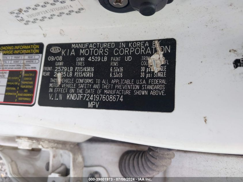 2009 Kia Sportage Lx VIN: KNDJF724197608674 Lot: 39801973