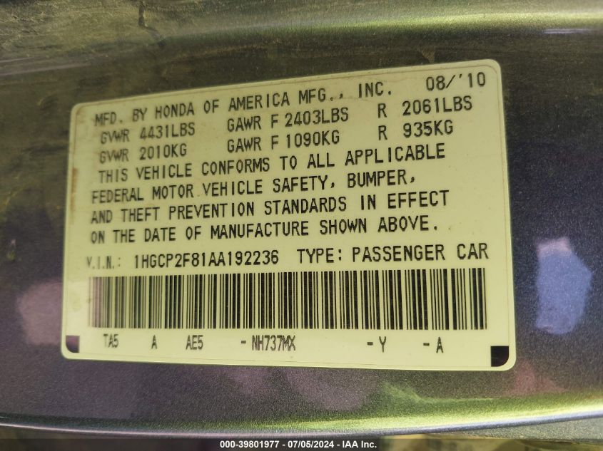 2010 Honda Accord 2.4 Ex-L VIN: 1HGCP2F81AA192236 Lot: 39801977
