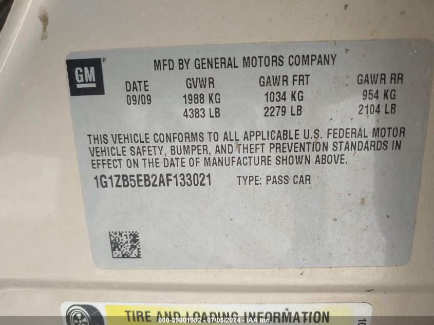 2010 Chevrolet Malibu Ls VIN: 1G1ZB5EB2AF133021 Lot: 39801982