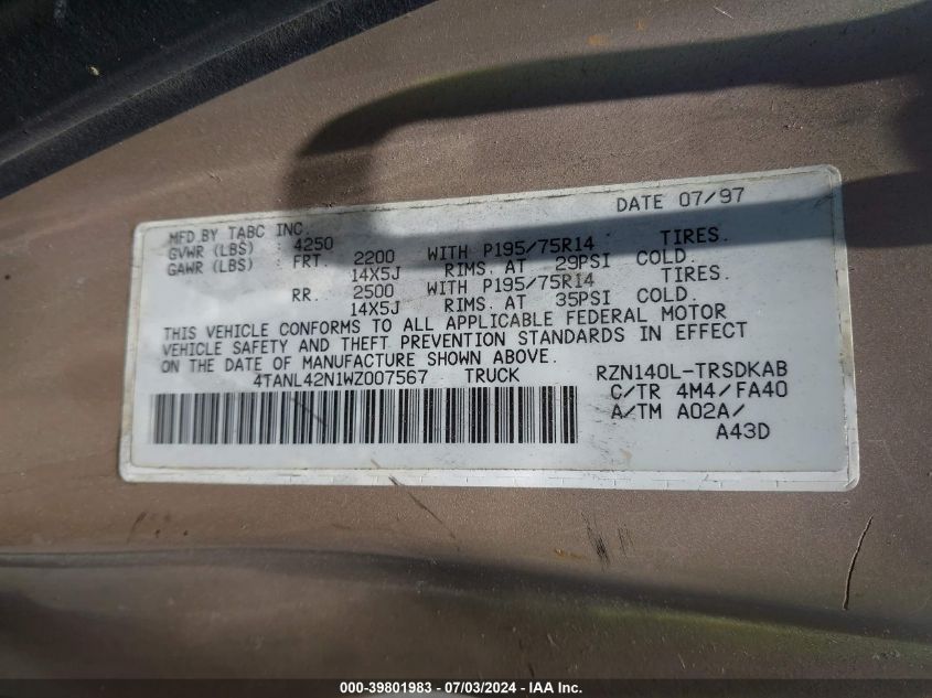 1998 Toyota Tacoma VIN: 4TANL42N1WZ007567 Lot: 39801983