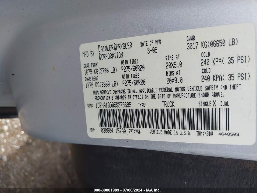2005 Dodge Ram 1500 Slt/Laramie VIN: 1D7HA18D85S279695 Lot: 39801989