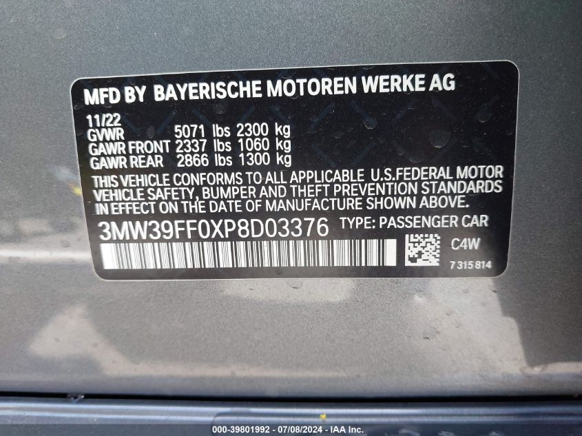 2023 BMW 3 Series 330E VIN: 3MW39FF0XP8D03376 Lot: 39801992