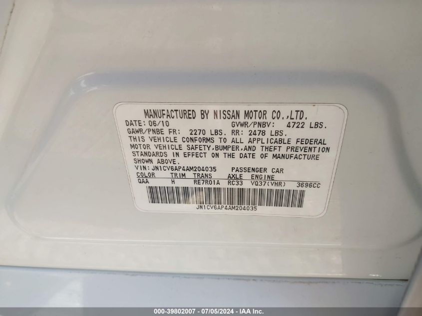 2010 Infiniti G37 Journey VIN: JN1CV6AP4AM204035 Lot: 39802007