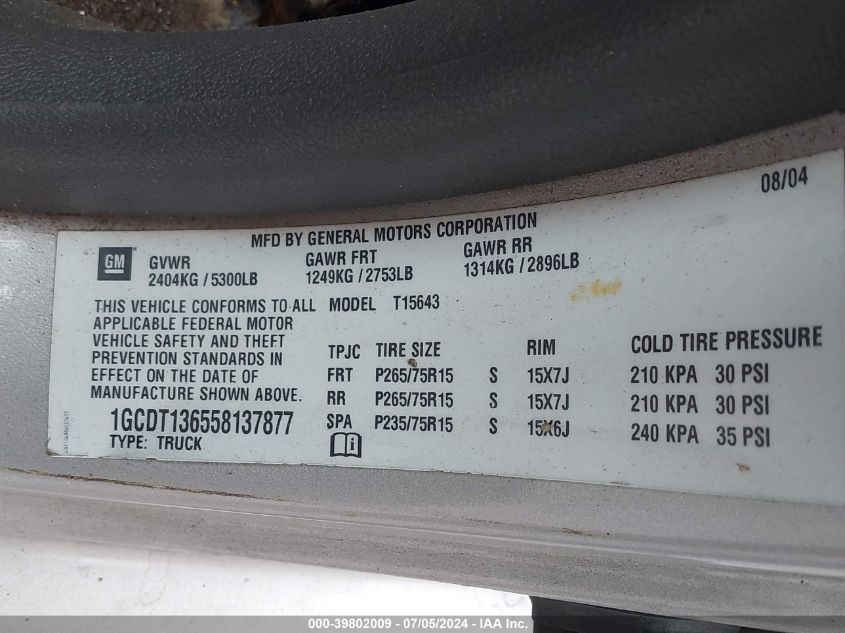 2005 Chevrolet Colorado Ls VIN: 1GCDT136558137877 Lot: 39802009