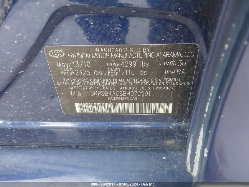 5NPEB4AC8BH072991 2011 Hyundai Sonata Gls