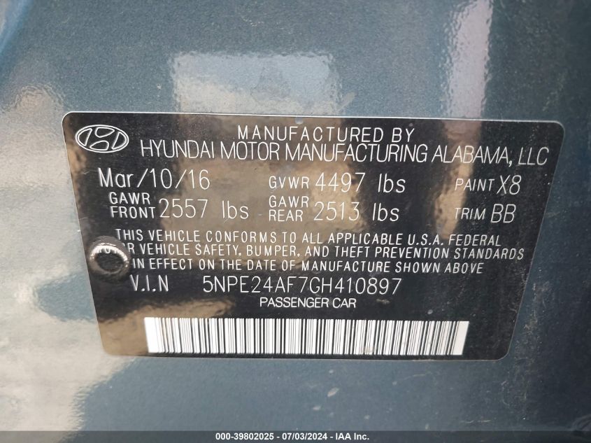 2016 Hyundai Sonata Se VIN: 5NPE24AF7GH410897 Lot: 39802025