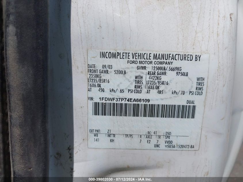 2004 Ford F-350 Xl/Xlt VIN: 1FDWF37P74EA66109 Lot: 39802030