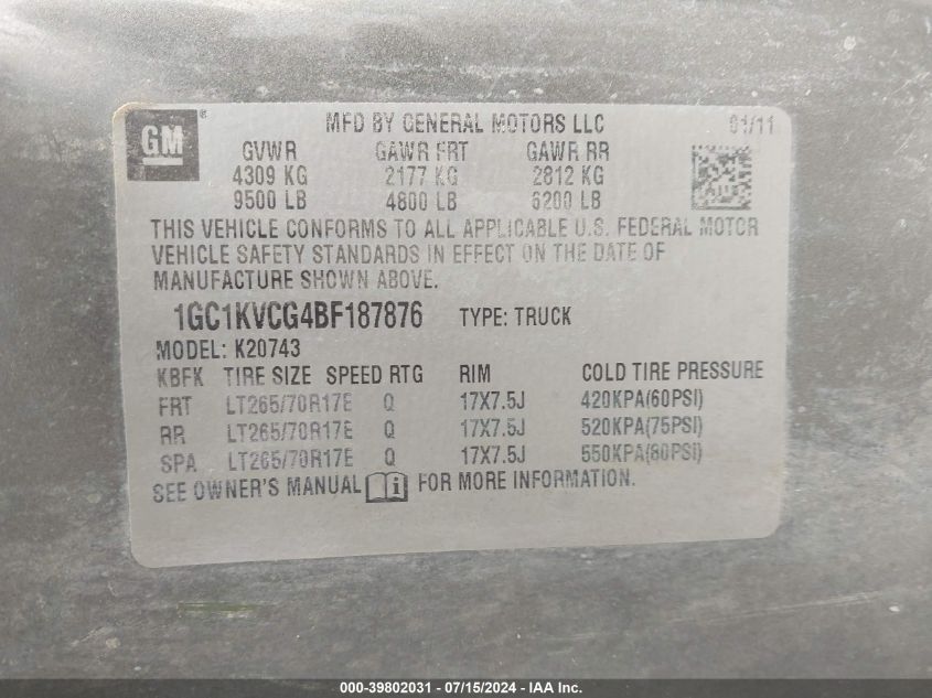 2011 Chevrolet Silverado 2500Hd Work Truck VIN: 1GC1KVCG4BF187876 Lot: 39802031