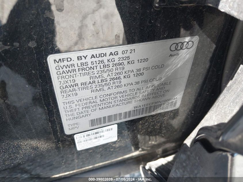 2022 Audi Q3 Premium Plus 45 Tfsi S Line Quattro Tiptronic VIN: WA1EECF36N1006844 Lot: 39802039