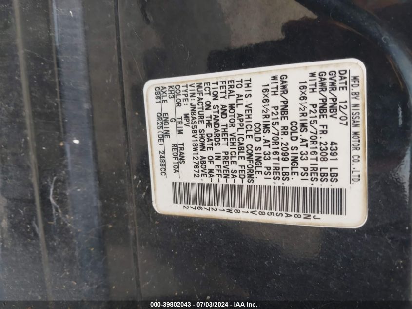 2008 Nissan Rogue S VIN: JN8AS58V18W127672 Lot: 39802043