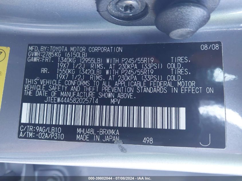 2008 Toyota Highlander Hybrid Limited VIN: JTEEW44A582025714 Lot: 39802044