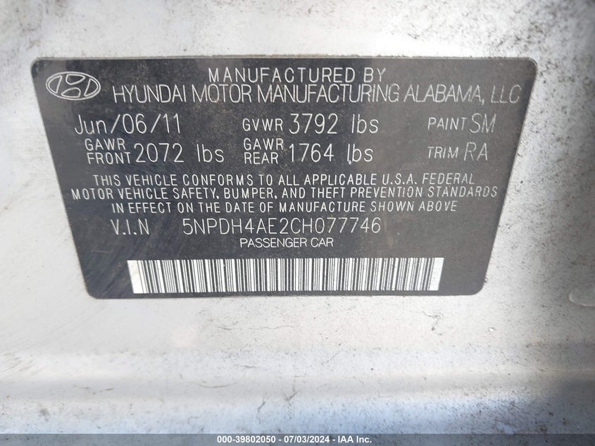 2012 Hyundai Elantra Gls VIN: 5NPDH4AE2CH077746 Lot: 39802050