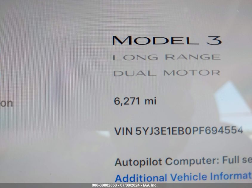 2023 Tesla Model 3 Long Range Dual Motor All-Wheel Drive VIN: 5YJ3E1EB0PF694554 Lot: 39802058