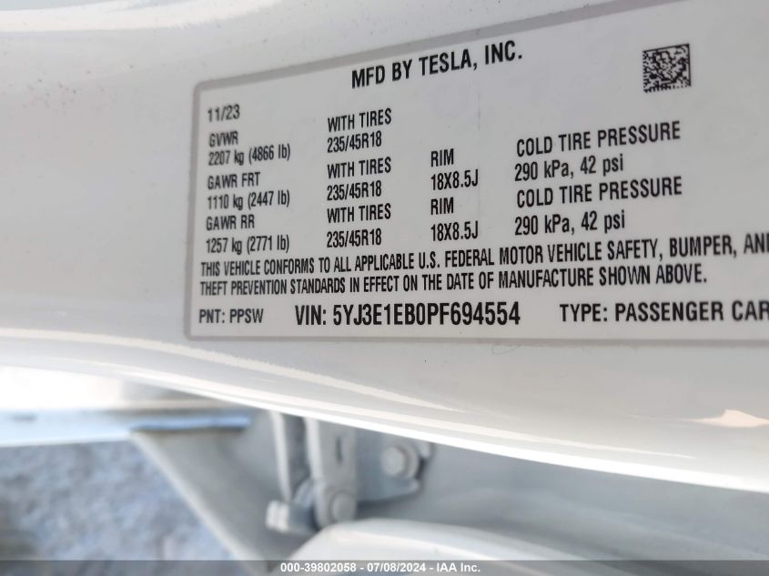 2023 Tesla Model 3 Long Range Dual Motor All-Wheel Drive VIN: 5YJ3E1EB0PF694554 Lot: 39802058